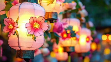 A row of pink lanterns with flowers on them. The lanterns are lit up and create a warm, inviting atmosphere - Powered by Adobe