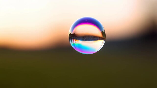 Translucent colorful soap bubble floating outdoors with blurred green background at sunset, dreamy iridescent sphere in the air