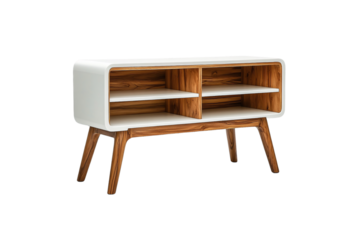 White media console with wooden interior shelving compartments and angled wooden legs, isolated on a transparent background