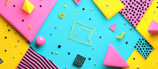 Colorful geometric shapes on blue background, 80s style, design