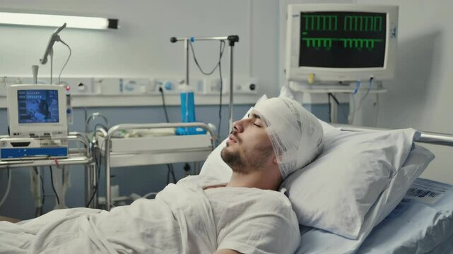 A man with a bandaged head is lying in a hospital bed. The room is equipped with medical equipment, including a monitor and a TV. The man is in a hospital bed