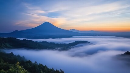 Fototapeta premium Stunning Sunrise Over Remote Highland Area with Low Clouds Embracing Majestic Mountain View