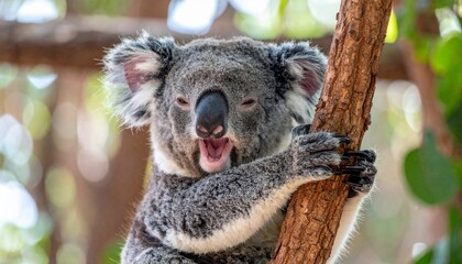 Obraz premium A little koala clinging to a branch, with wide, tufty ears and a perfectly round nose. Often caught mid-yawn, perpetually sleepy-cute