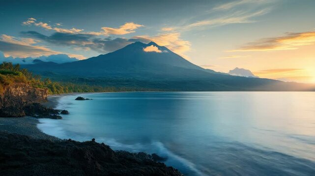A beautiful mountain range with a calm ocean in the background. The sun is setting, casting a warm glow over the scene