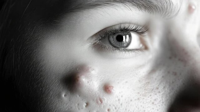 A woman's face with a few blemishes on it. In black and white