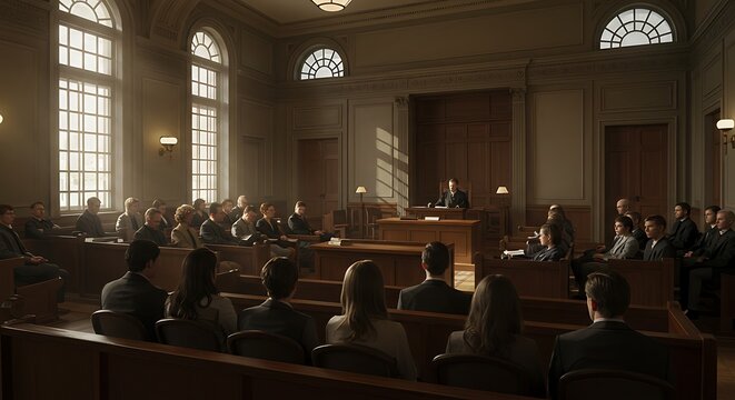 Courtroom Scene with Judge and Jury Listening Attentively, Legal Justice System Proceedings, Professional Litigation Atmosphere