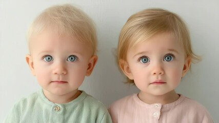 Adorable Portrait of Two Blond Toddlers with Striking Blue Eyes, Wearing Pastel Shirts, Studio Shot, Innocence and Childhood Themes