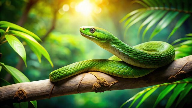 Green mamba snake perched on tree branch with forest background, tropical, animals in nature,  tropical