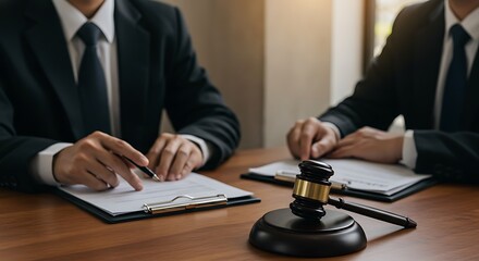 Fototapeta premium Legal Consultation with Lawyers Reviewing Documents and Gavel on Desk for Justice and Law Firm Services