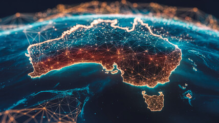 Stylized Australia map, glowing network connections, showcasing global connectivity and digital infrastructure, representing technological advancement and communication