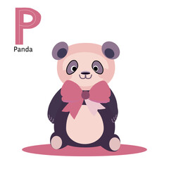 Letter P with cartoon panda bear cute character flat vector illustration,for the design of postcards, books, leaflets,poster, banners, birthday invitations