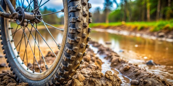 Close-up of a mountain bike tire in mud near a stream, showcasing rugged terrain and outdoor adventure