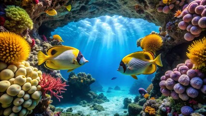 Vibrant Reef Scene Two Yellow Butterflyfish Gracefully Swim Amidst a Lush Coral Garden Bathed in Sunlit Underwater Rays