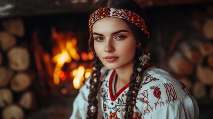 Fototapeta premium Young woman in embroidered top by fireplace warm tones cozy atmosphere