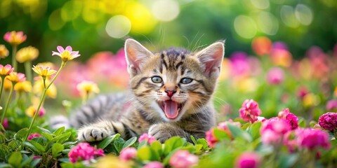 Obraz premium A kitten is lying on a patch of soft green flowers, stretching its tiny body and yawning widely with a pink tongue, surrounded by vibrant colors of the garden, kitten, flowers