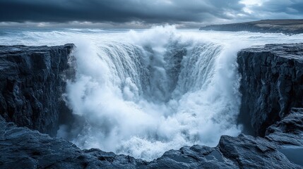 Powerful waterfall crashing into the ocean