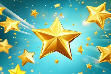 Shiny gold stars floating in a blue sky.