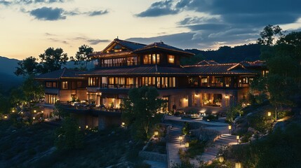 Obraz premium Mountaintop luxury resort twilight view, serene landscaping, use travel brochure