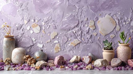 Fototapeta premium Trendy terrazzo seamless wallpaper in pale purple tones with scattered ivory and light blush marble chips