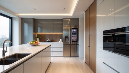 smart kitchen, AI appliances, minimalist kitchen, futuristic design, modern kitchen, high-end materials, smart home, smart fridge, smart oven, kitchen technology, contemporary design, home interior
