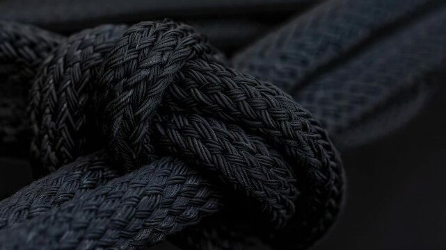 A black rope is knotted in a knot. The knot is large and the rope is thick