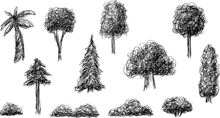 Cartoon abstract trees illustration in pencil scribble hand drawn style. Set of monochrome doodle chaotic sketches plant elements. Vector naive child art.