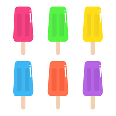 Set of colorful ice cream in pink, green, yellow, blue, orange and purple.Popsicle sticks collection isolated on white background.Vector graphic illustration.Summer element. 