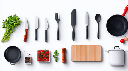Cooking tools kitchen utensils knives cutting board frying pan herbs spices tomatoes pepper mill cookware