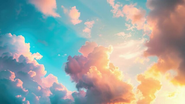 The sky is filled with fluffy white clouds and a bright blue sky. The clouds are scattered throughout the sky, with some closer to the ground and others higher up