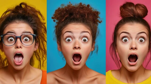 Three women with different hairstyles and one of them is wearing glasses. The women are all making funny faces and one of them is making a tongue out.