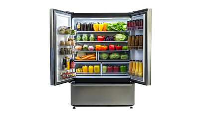 A commercial refrigerator with an open door, showcasing its sleek design and the variety of food items inside, cut out
