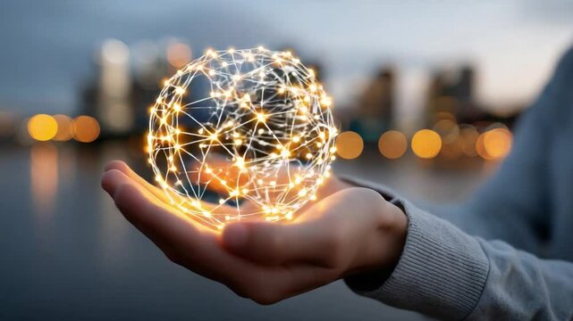 A luminous orb of global interconnectedness held gently by a person: An artistic rendering of a network globe, illuminated with digital lights, cradled delicately in a person's open palm.