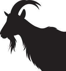 goat silhouette with long horns and beard in side profile, black vector illustration isolated on white background.