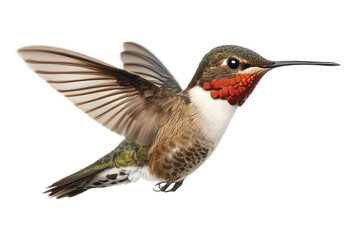 Fototapeta premium Ruby-throated hummingbird in flight isolated on a white background