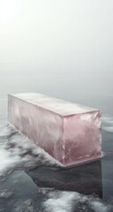 A large, rectangular, translucent, pinkish-grey block of ice sits on a misty, frozen lake
