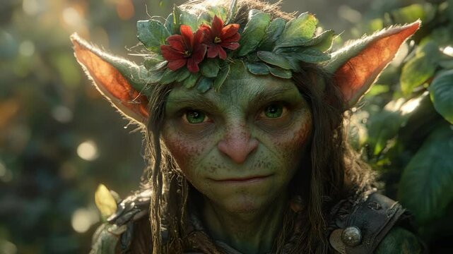 A goblin with green hair and a flower in her hair