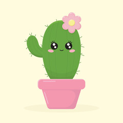 Cute cartoon cactus in pink pot with blooming flower vector illustration.