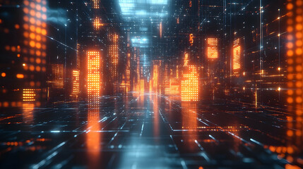 Fototapeta premium Abstract futuristic city with glowing orange structures against a dark blue background, creating a sense of depth