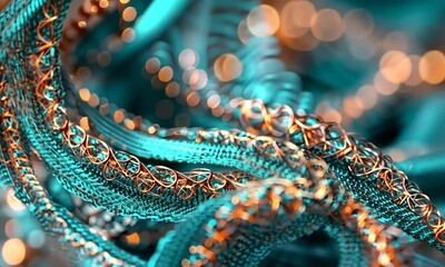 Close-up of intertwined metallic wires with vibrant turquoise and orange highlights, abstract background - Powered by Adobe