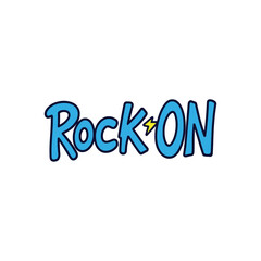 Rock On Playful Blue Text Vector Illustration Bold Typography with Lightning Bolt Accent Fun Design for Music Lovers Tshirts Posters and Event Promotion Isolated Graphic Element