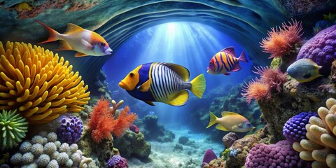 Naklejka premium Vibrant Reef Scene Featuring Colorful Fish and Lush Coral Formations Under a Sunlit Ocean Cave