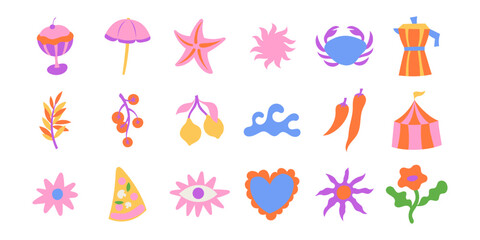 Vector simple minimal illustrations  in bright bold colors, simple wavy and groovy doodle naive style, simple hand drawn design templates for cards and prints, posters, wall art, summer vacation