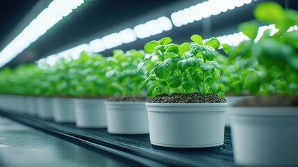 Rows of healthy young herbs in small white pots, cultivated in a controlled environment, under LED grow lights