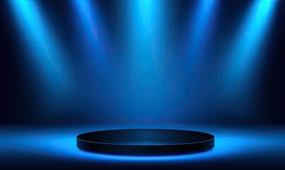 Dark Blue Stage with Spotlight Illumination and Black Circular Pedestal