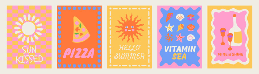 Fototapeta na wymiar Vector simple minimal illustrations in bright bold colors, simple wavy and groovy doodle naive style, simple hand drawn design templates for cards and prints, posters, wall art, summer vacation