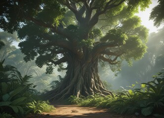 Fototapeta premium Massive tree, dense exotic vines, overgrown leaves, jungle scene, environment, light