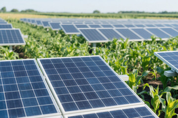 Fototapeta premium Solar panels with green plants agriculture. Renewable energy technology, photovoltaic solar cells generate clean electricity. Sustainable power system uses sunlight for eco-friendly energy production.