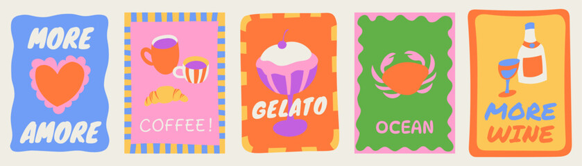 Vector simple minimal illustrations  in bright bold colors, simple wavy and groovy doodle naive style, simple hand drawn design templates for cards and prints, posters, wall art, summer vacation