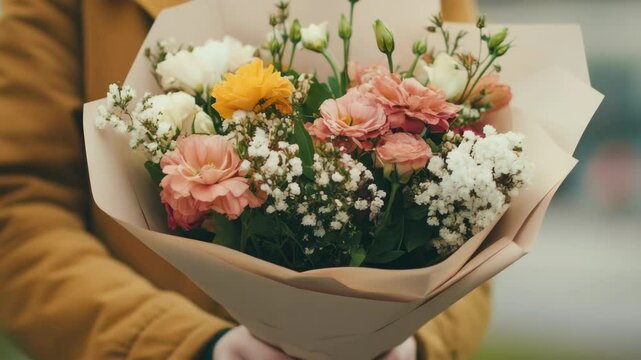 A person is holding a bouquet of flowers in their hand. The bouquet is a mix of different colored flowers, including pink, white, and yellow
