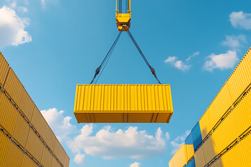 Shipping container is lifted up high in the air by crane with the sky and other container boxes around it. Cargo delivery and shipment operations.